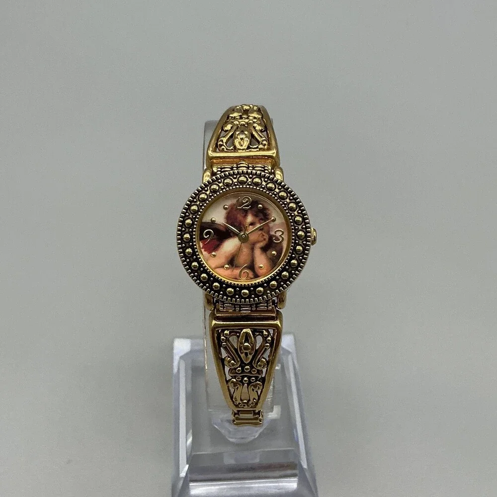 Vintage SII Angel Cherub Womens Watch 26mm Gold Tone Stretch Band New Battery a